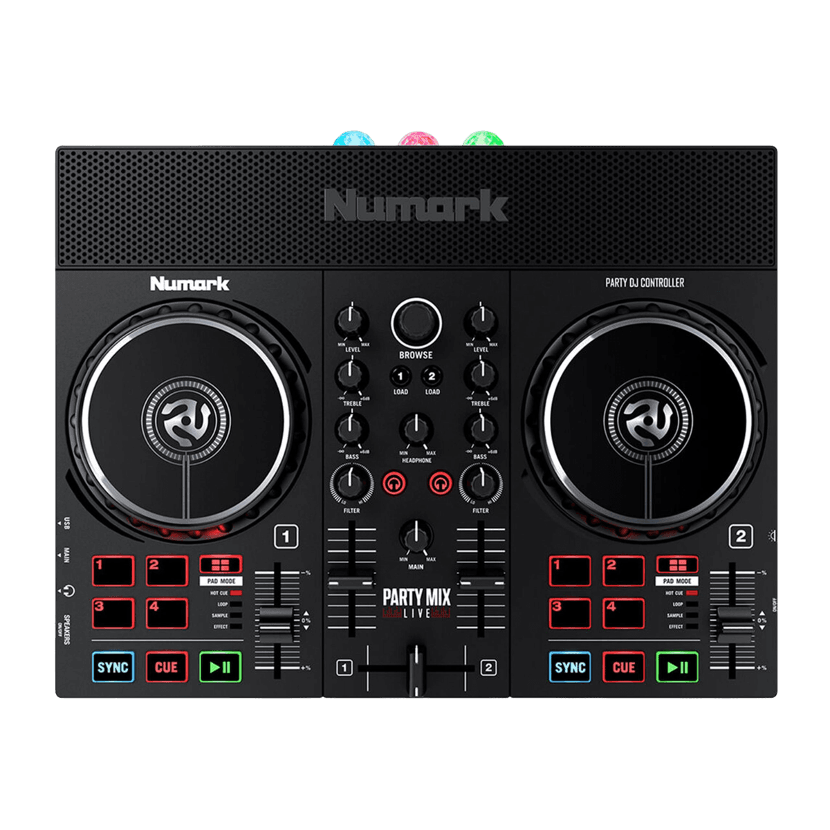 NUMARK PARTYMIX LIVE DJ CONTROLLER BUILT IN WITH LIGHT SHOW AND SPEAKERS